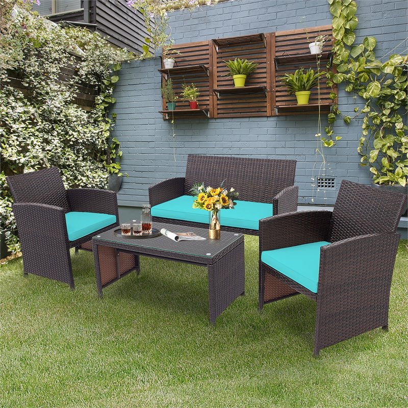 Pemberly Row 4-piece Contemporary Rattan Patio Furniture Set in Turquoise