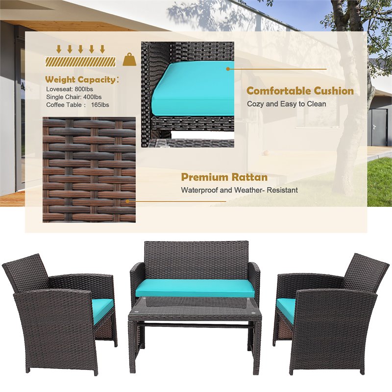 Pemberly Row 4-piece Contemporary Rattan Patio Furniture Set in Turquoise