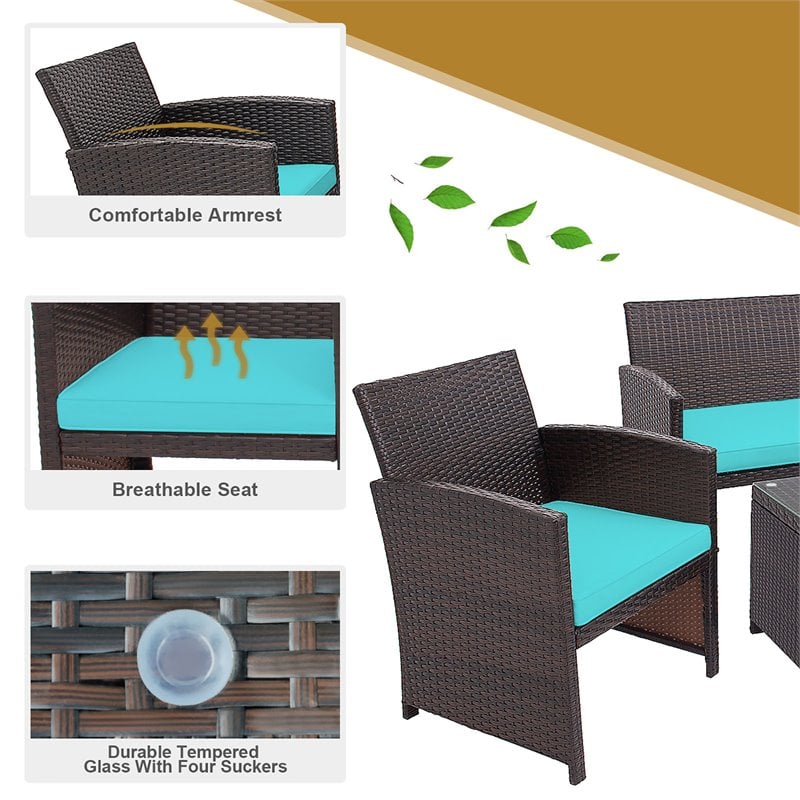 Pemberly Row 4-piece Contemporary Rattan Patio Furniture Set in Turquoise