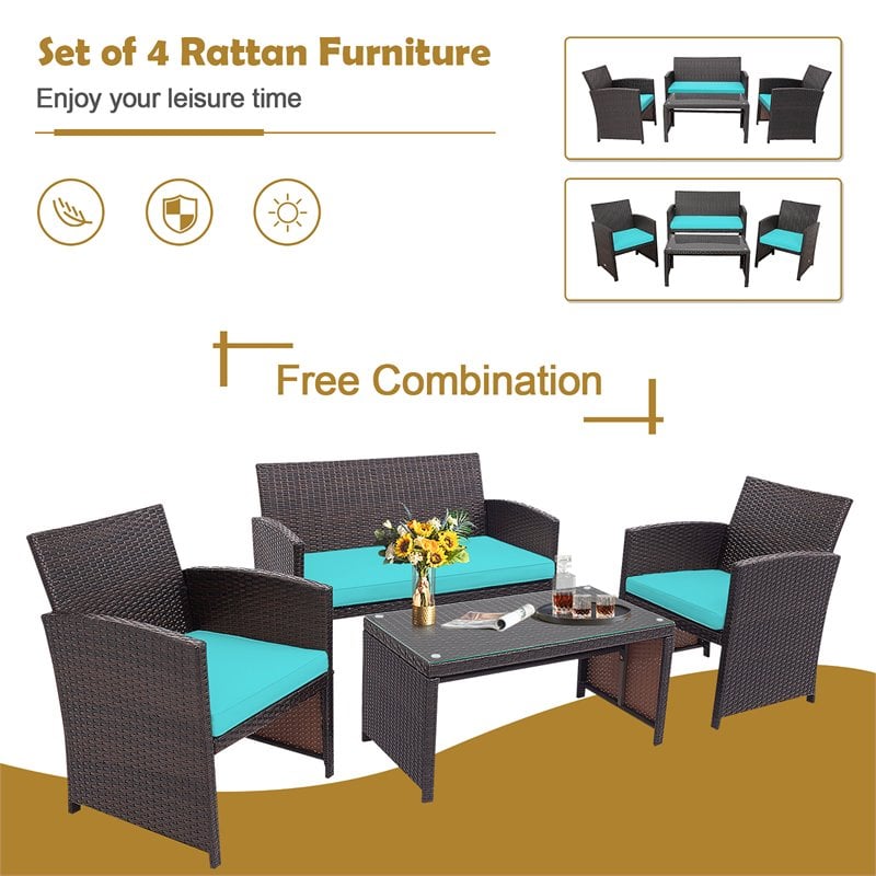 Pemberly Row 4-piece Contemporary Rattan Patio Furniture Set in Turquoise