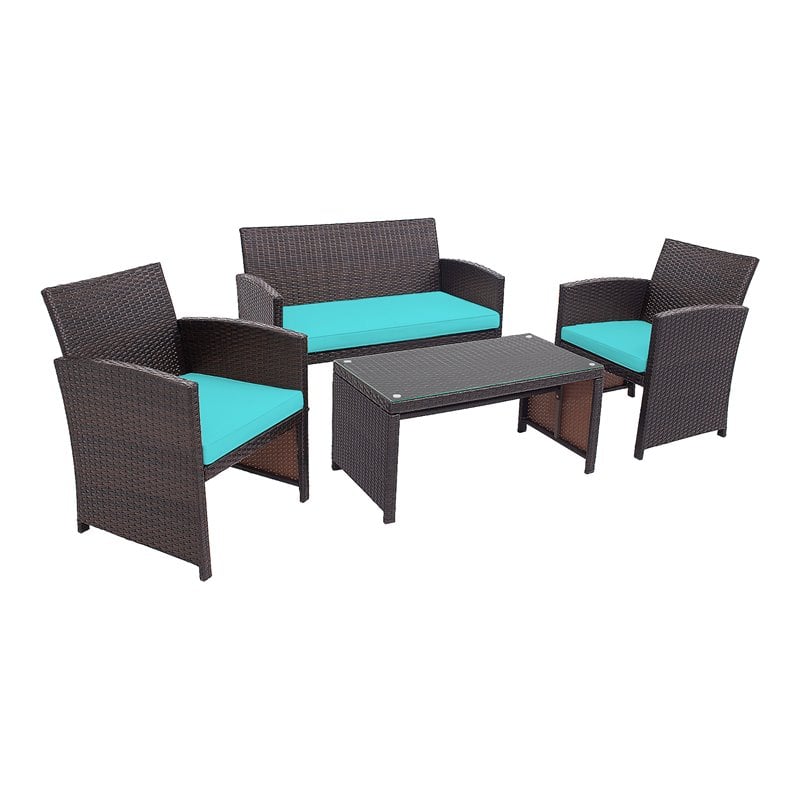 Pemberly Row 4-piece Contemporary Rattan Patio Furniture Set in Turquoise