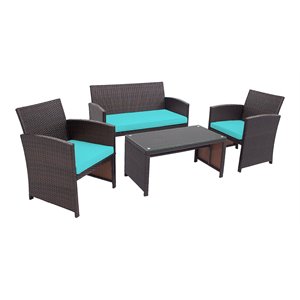 Pemberly Row 4-piece Contemporary Rattan Patio Furniture Set in Turquoise
