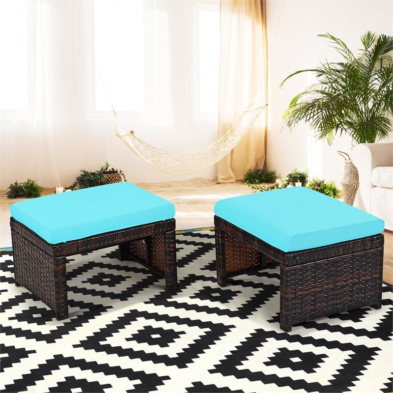 Pemberly Row Patio Rattan Ottomans/Footrests-Turquoise Cushioned Seat (Set of 2)