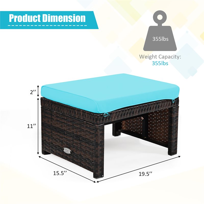 Pemberly Row Patio Rattan Ottomans/Footrests-Turquoise Cushioned Seat (Set of 2)
