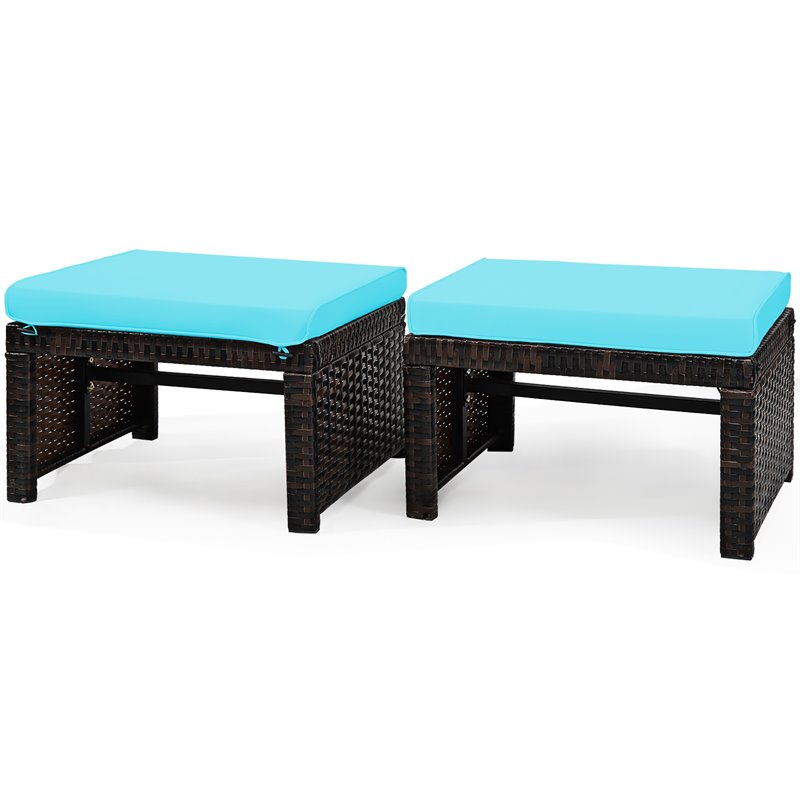Pemberly Row Patio Rattan Ottomans/Footrests-Turquoise Cushioned Seat (Set of 2)