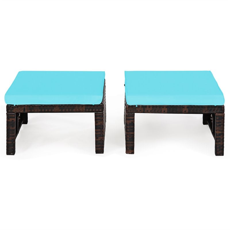Pemberly Row Patio Rattan Ottomans/Footrests-Turquoise Cushioned Seat (Set of 2)