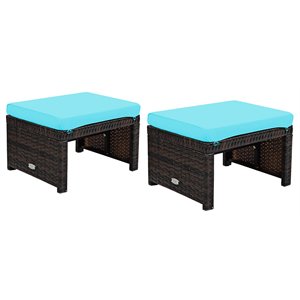 Pemberly Row Patio Rattan Ottomans/Footrests-Turquoise Cushioned Seat (Set of 2)