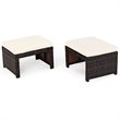 Pemberly Row Patio Rattan Ottomans/Footrests in White Cushioned Seat (Set of 2)