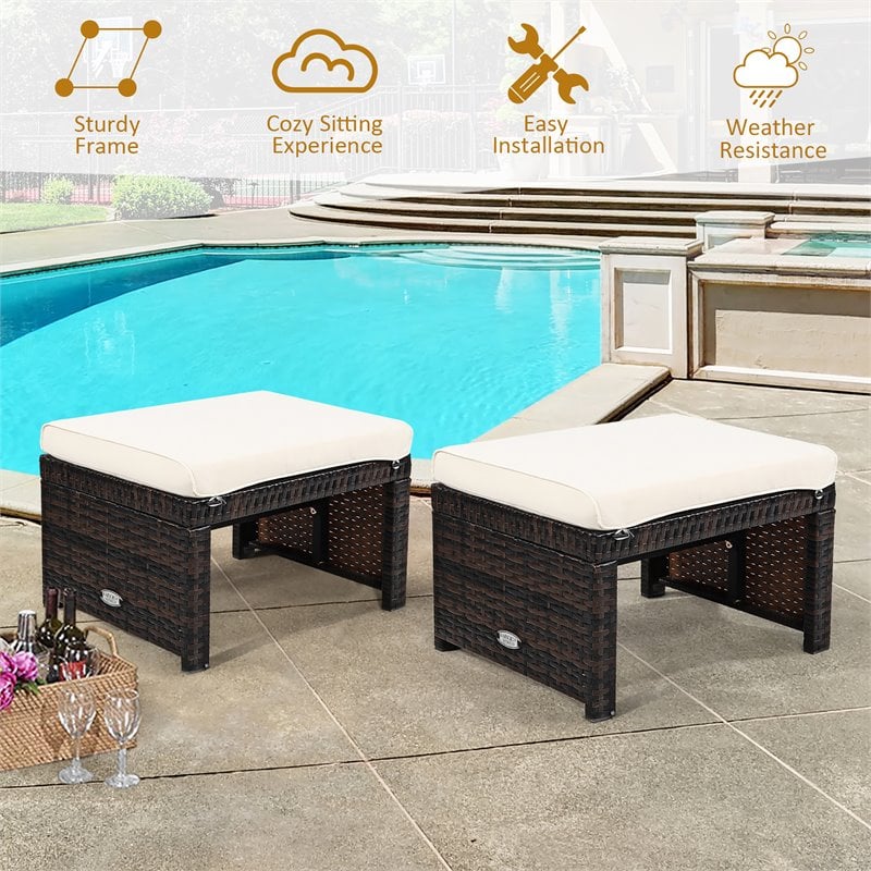 Pemberly Row Patio Rattan Ottomans/Footrests in White Cushioned Seat (Set of 2)