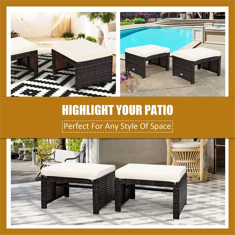 Pemberly Row Patio Rattan Ottomans/Footrests in White Cushioned Seat (Set of 2)