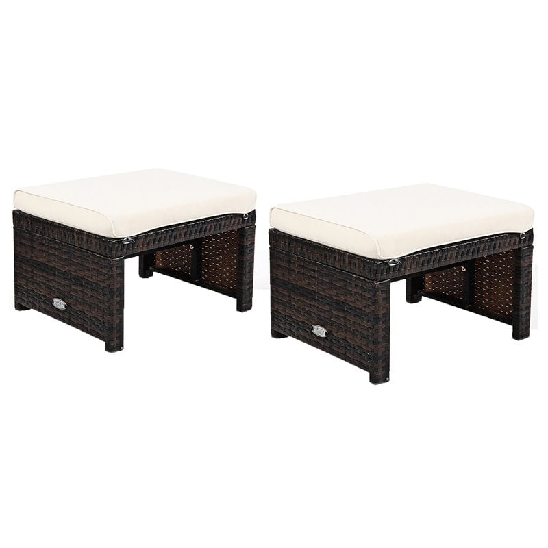 Pemberly Row Patio Rattan Ottomans/Footrests in White Cushioned Seat (Set of 2)