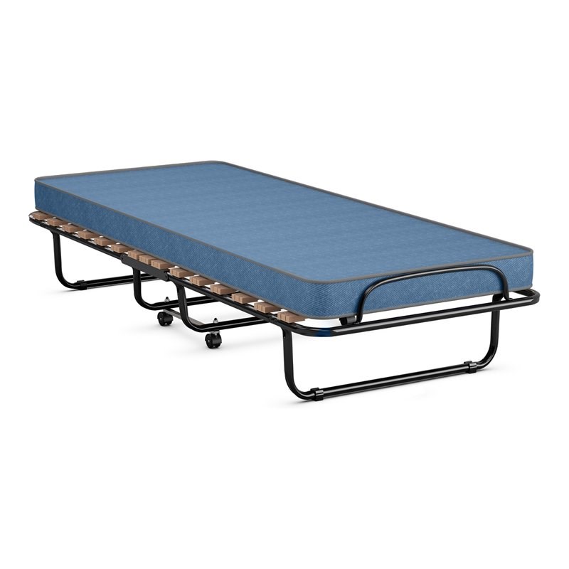 Pemberly Row Portable Steel Folding Bed with Mattress Rollaway Cot in Navy