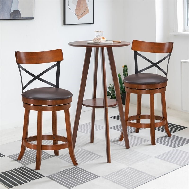 Pemberly Row 25'' Metal Swivel Bar Stools w/ Rubber Wood Legs - Brown (Set of 2)