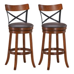 Pemberly Row 29.5&quot Metal Swivel Bar Stools w/ Rubber Wood Legs-Brown (Set of 2)