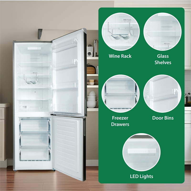 Pemberly Row 11cf Bottom Freezer Refrigerator 24in w/ WINE RACK Stainless 110V