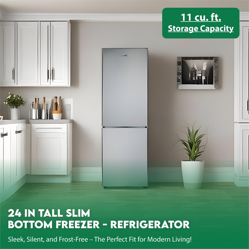 Pemberly Row 11cf Bottom Freezer Refrigerator 24in w/ WINE RACK Stainless 110V
