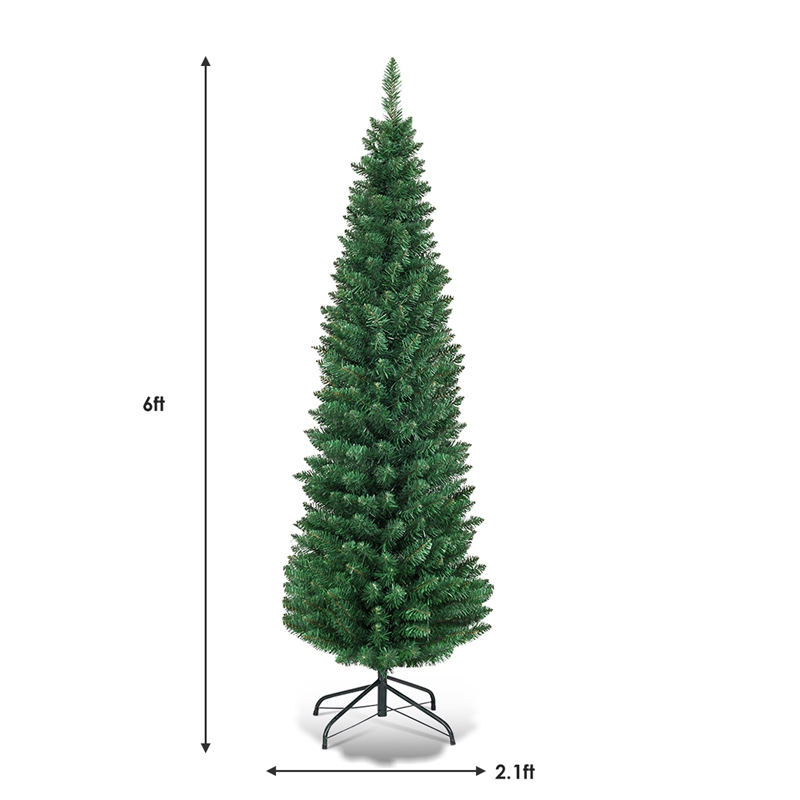 Pemberly Row 6Ft PVC Artificial Pencil Christmas Tree Slim Stand Green