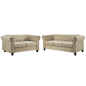 Pemberly Row Linen Fabric Sofa & Loveseat Living Room Furniture Set - Beige