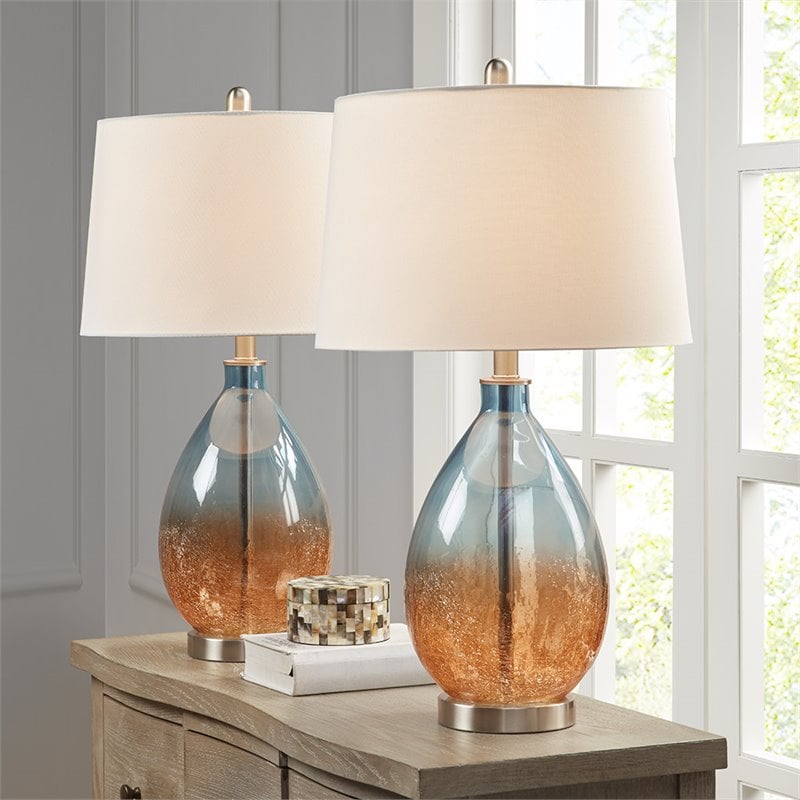 Pemberly Row Contemporary Glass and Fabric Table Lamps in Blue (Set of 2)