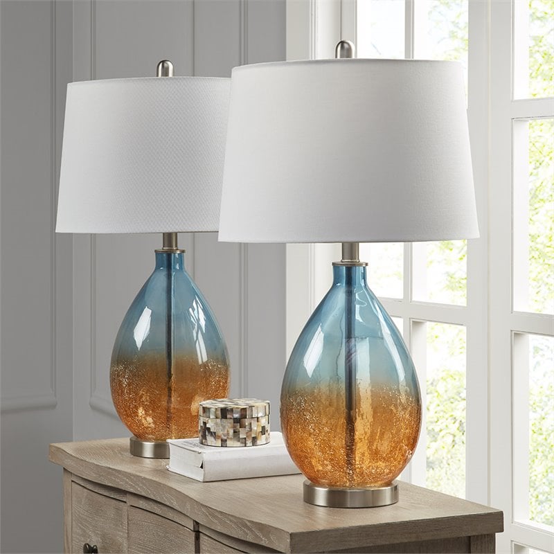 Pemberly Row Contemporary Glass and Fabric Table Lamps in Blue (Set of 2)