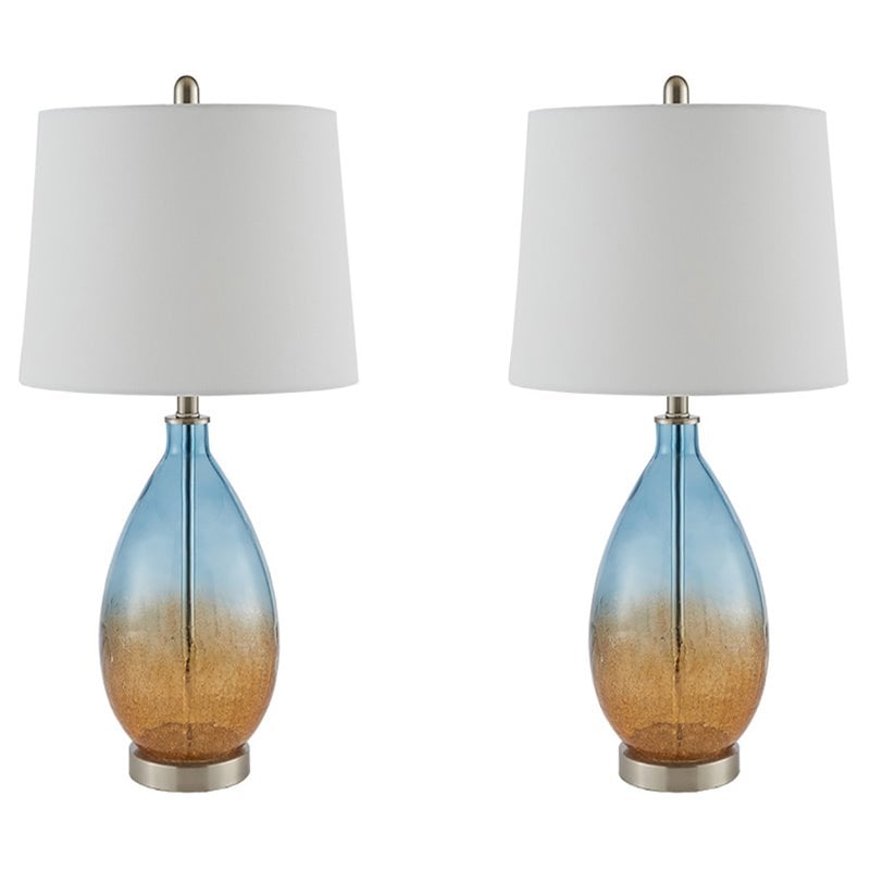 Pemberly Row Contemporary Glass and Fabric Table Lamps in Blue (Set of 2)
