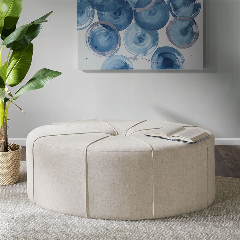 Pemberly Row Contemporary Oval Fabric and Solid Wood Ottoman in Cream