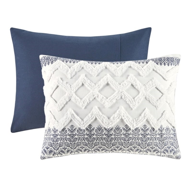 Pemberly Row 3-Piece Farmhouse Cotton Printed Comforter Set w/ Chenille in Navy