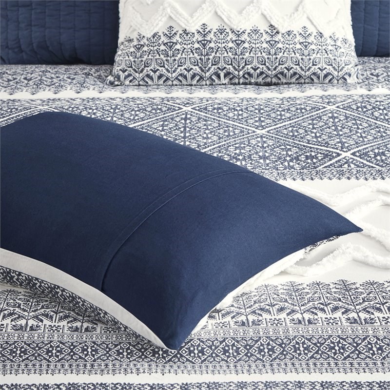 Pemberly Row 3-Piece Farmhouse Cotton Printed Comforter Set w/ Chenille in Navy