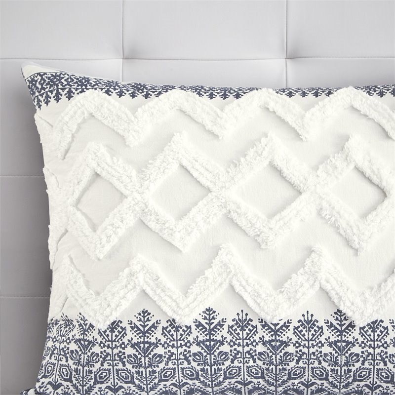 Pemberly Row 3-Piece Farmhouse Cotton Printed Comforter Set w/ Chenille in Navy