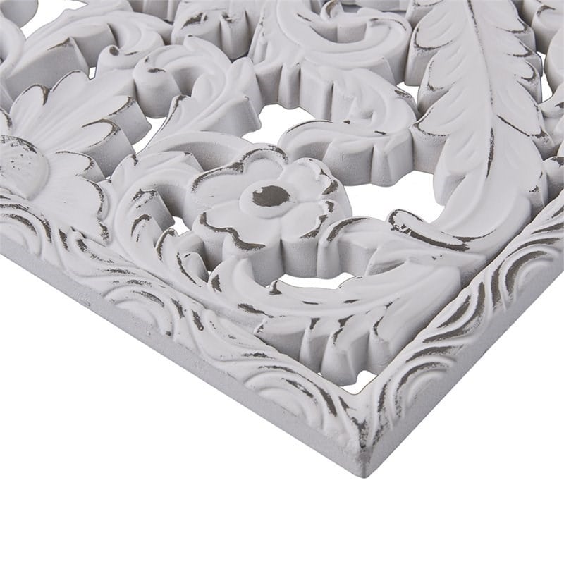 Pemberly Row Wood Botanical Panel Carved Wall Decor in White (Set of 2)