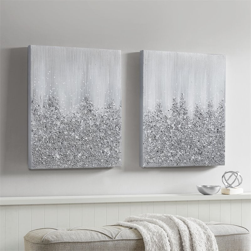 Pemberly Row Wood Glimmer Hand Embellished Canvas Set in Silver (Set of 2)
