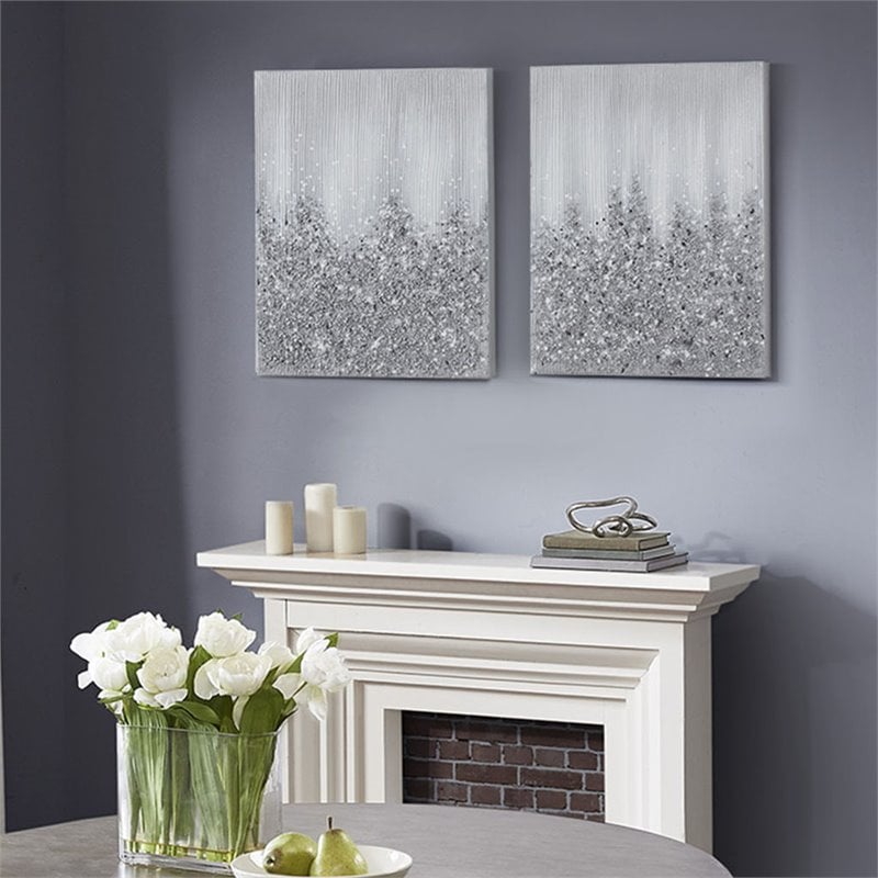 Pemberly Row Wood Glimmer Hand Embellished Canvas Set in Silver (Set of 2)