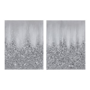 Pemberly Row Wood Glimmer Hand Embellished Canvas Set in Silver (Set of 2)