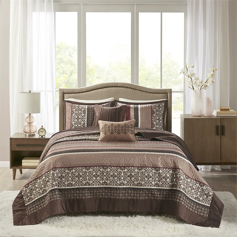 Pemberly Row 5-Piece Polyester Cotton Faux Silk Bedspread Set - Brown