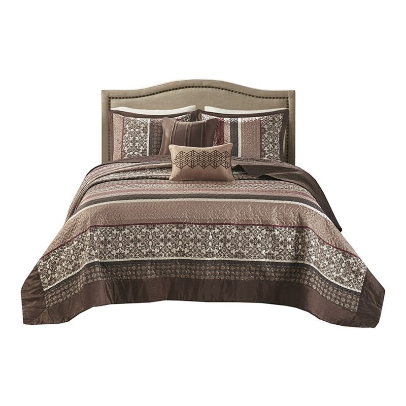 Pemberly Row 5-Piece Polyester Cotton Faux Silk Bedspread Set - Brown