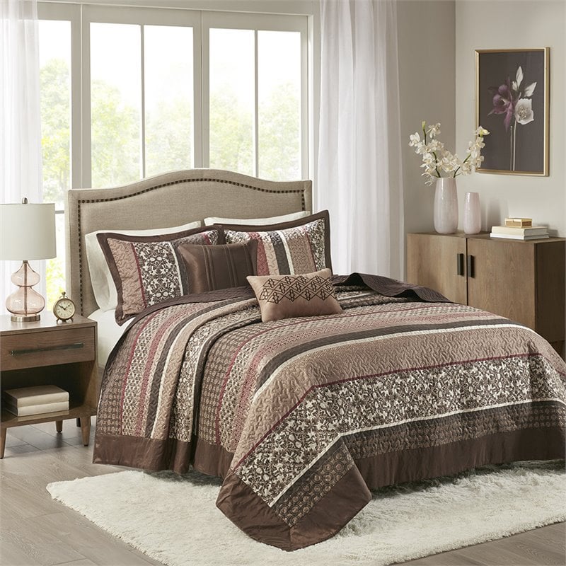 Pemberly Row 5-Piece Polyester Cotton Faux Silk Bedspread Set in Brown