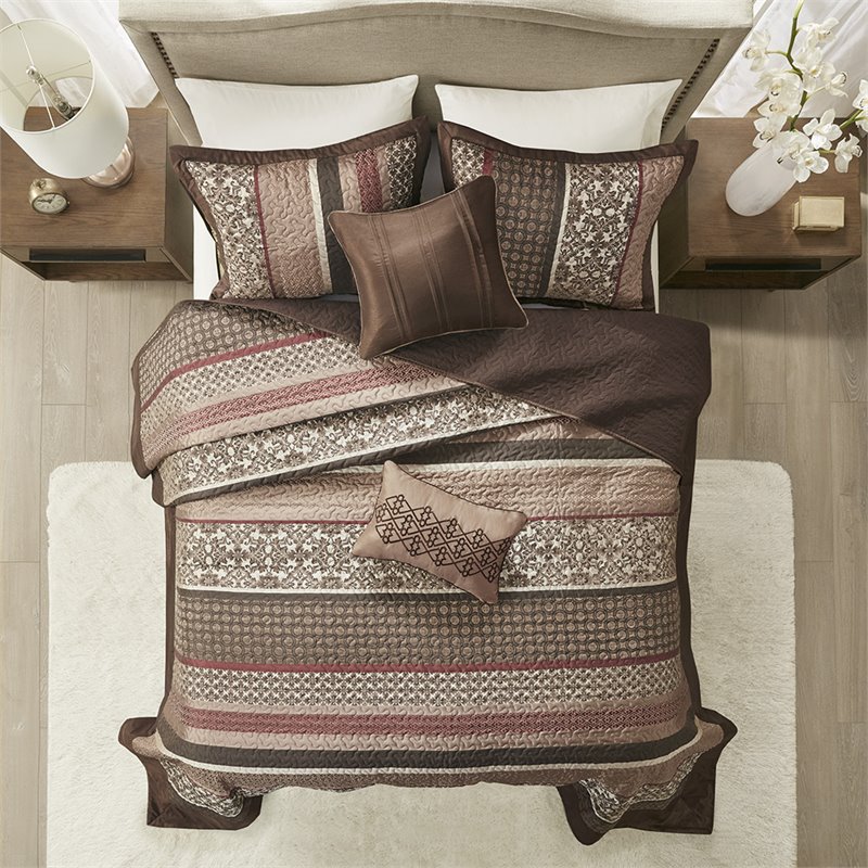 Pemberly Row 5-Piece Polyester Cotton Faux Silk Bedspread Set in Brown