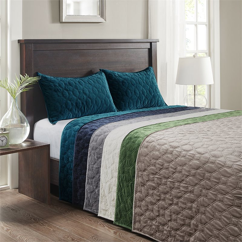 Pemberly Row 3-Piece Contemporary Polyester Velvet Coverlet Set in Blue