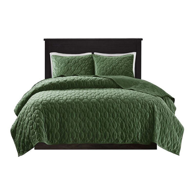 Pemberly Row 3-Piece Polyester Faux Velvet Coverlet Set in Green