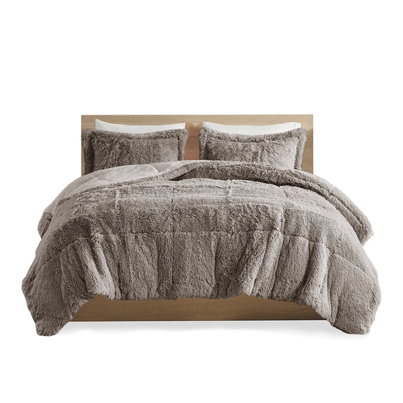 Pemberly Row Polyester Back Shaggy Long Fur Comforter Set in Gray