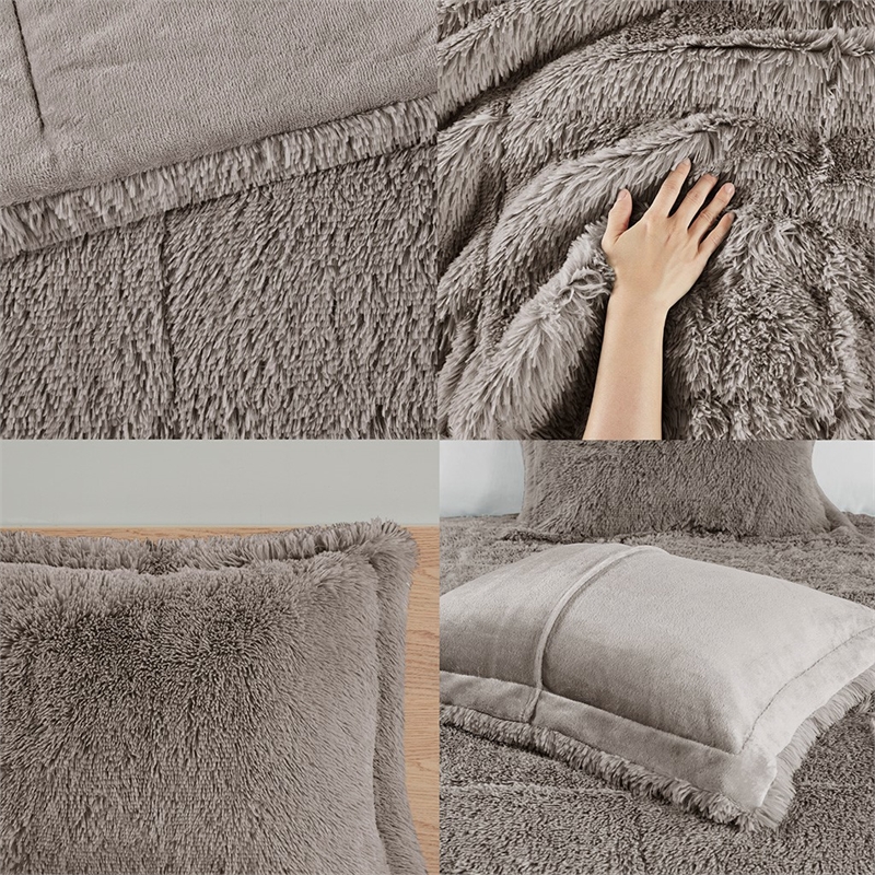 Pemberly Row Polyester Back Shaggy Long Fur Comforter Set in Gray