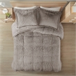Pemberly Row Polyester Back Shaggy Long Fur Comforter Set in Gray