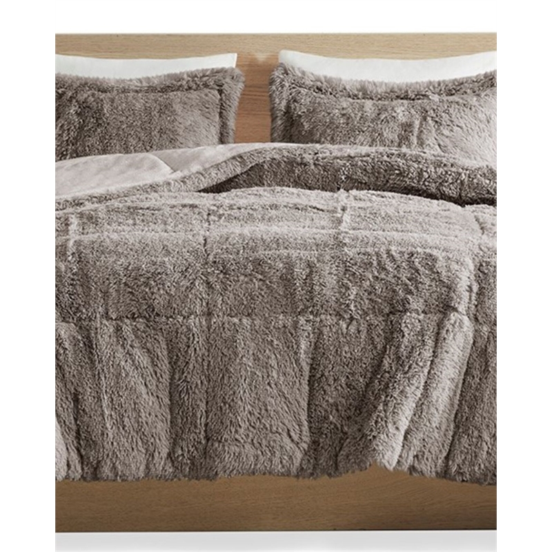 Pemberly Row Polyester Back Shaggy Long Fur Comforter Set in Gray