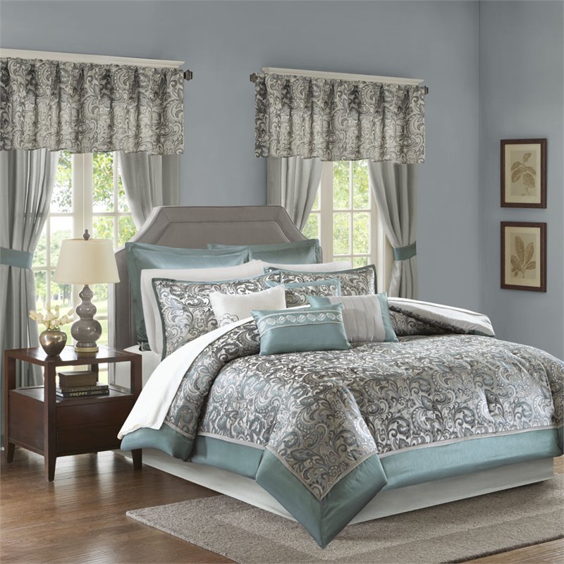 Pemberly Row Contemporary 24-Piece Polyester Comforter Set in Blue