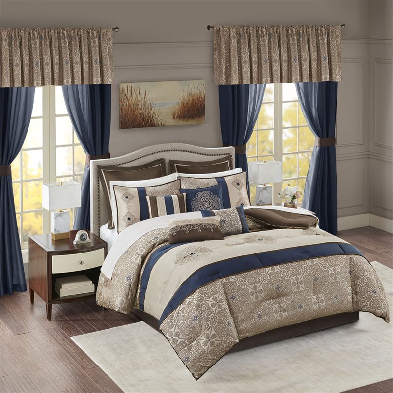 Pemberly Row Contemporary 24-Piece Polyester Comforter Set in Navy