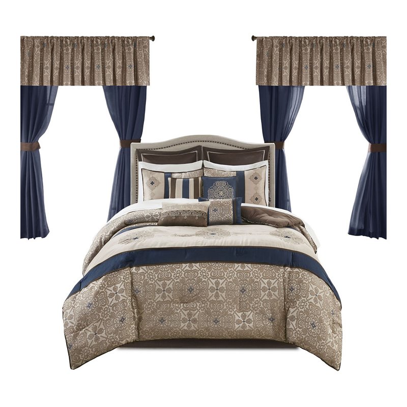 Pemberly Row Contemporary 24-Piece Polyester Comforter Set in Navy