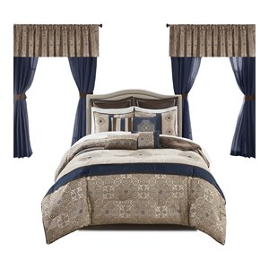 Pemberly Row Contemporary 24-Piece Polyester Comforter Set in Navy