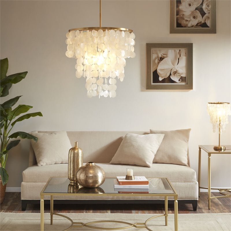 Pemberly Row Transitional Metal and Shells Capiz Chandelier in Gold/White
