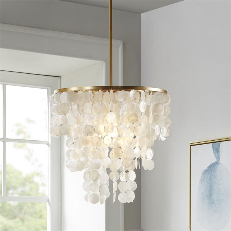 Pemberly Row Transitional Metal and Shells Capiz Chandelier in Gold/White