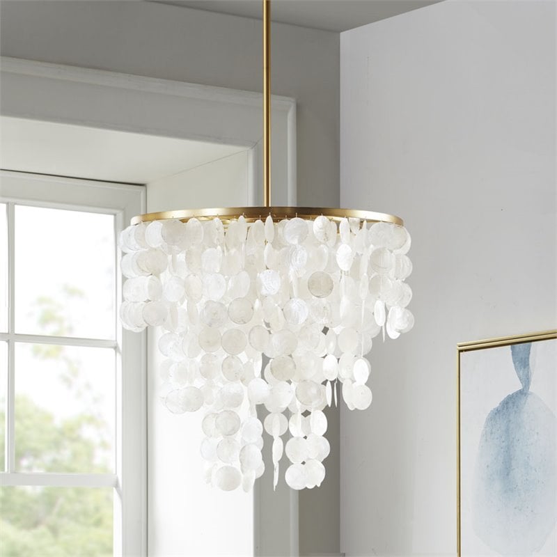 Pemberly Row Transitional Metal and Shells Capiz Chandelier in Gold/White